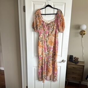 Showpo Pink and Orange Puff Sleeve Midi Sundress